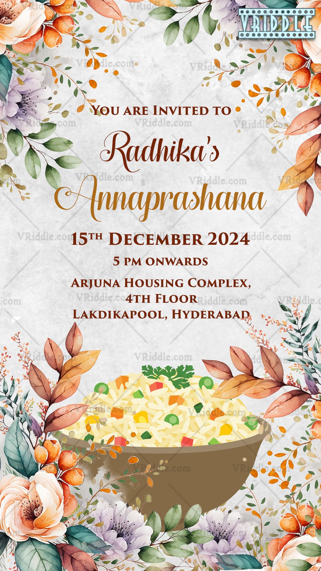 Modern Floral Theme Annaprashan Invitation Card Food Bowl Of Abundance