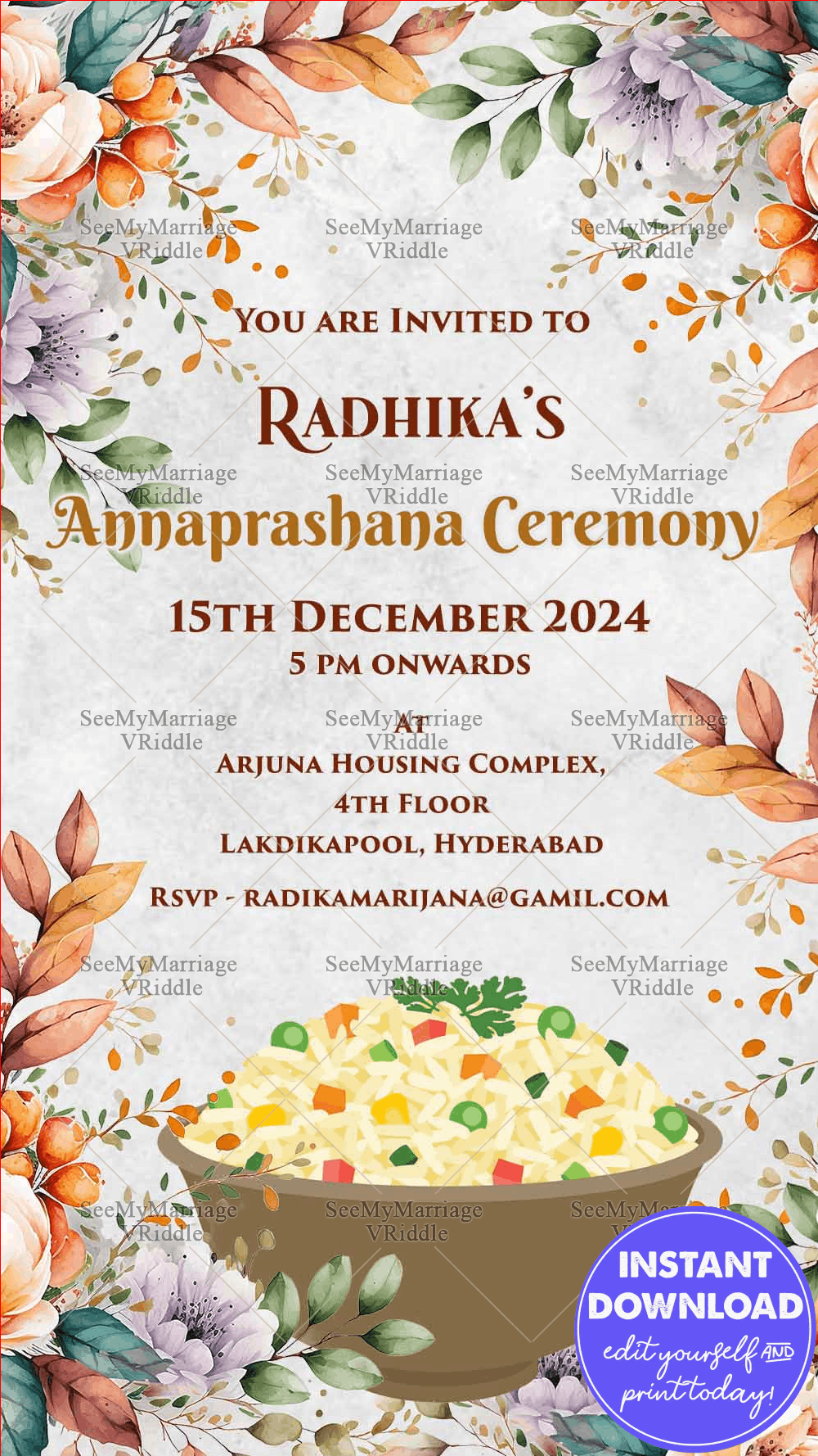 Modern Floral Theme Annaprashan Invitation Card Food Bowl Of Abundance