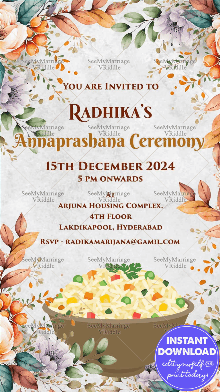 Modern Floral Theme Annaprashan Invitation Card Food Bowl Of Abundance