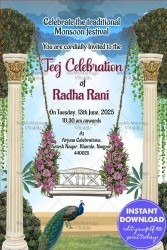 Modern Royalty Hariyali Teej Invitation Card Peacock Palace Garden