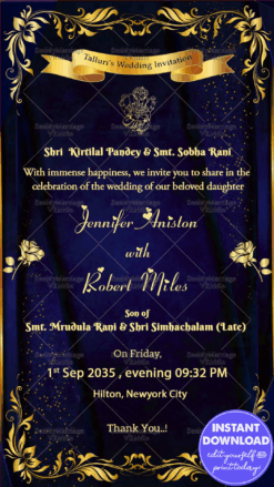 Ready to Edit Invitation Card for  Wedding / Reception / Engagement - Elegant Blue & Gold Occasion Invitation