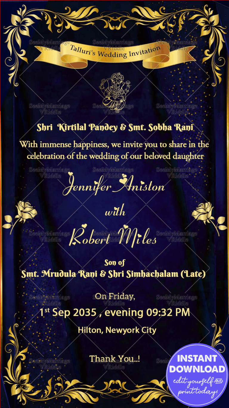 Ready to Edit Invitation Card for  Wedding / Reception / Engagement - Elegant Blue & Gold Occasion Invitation