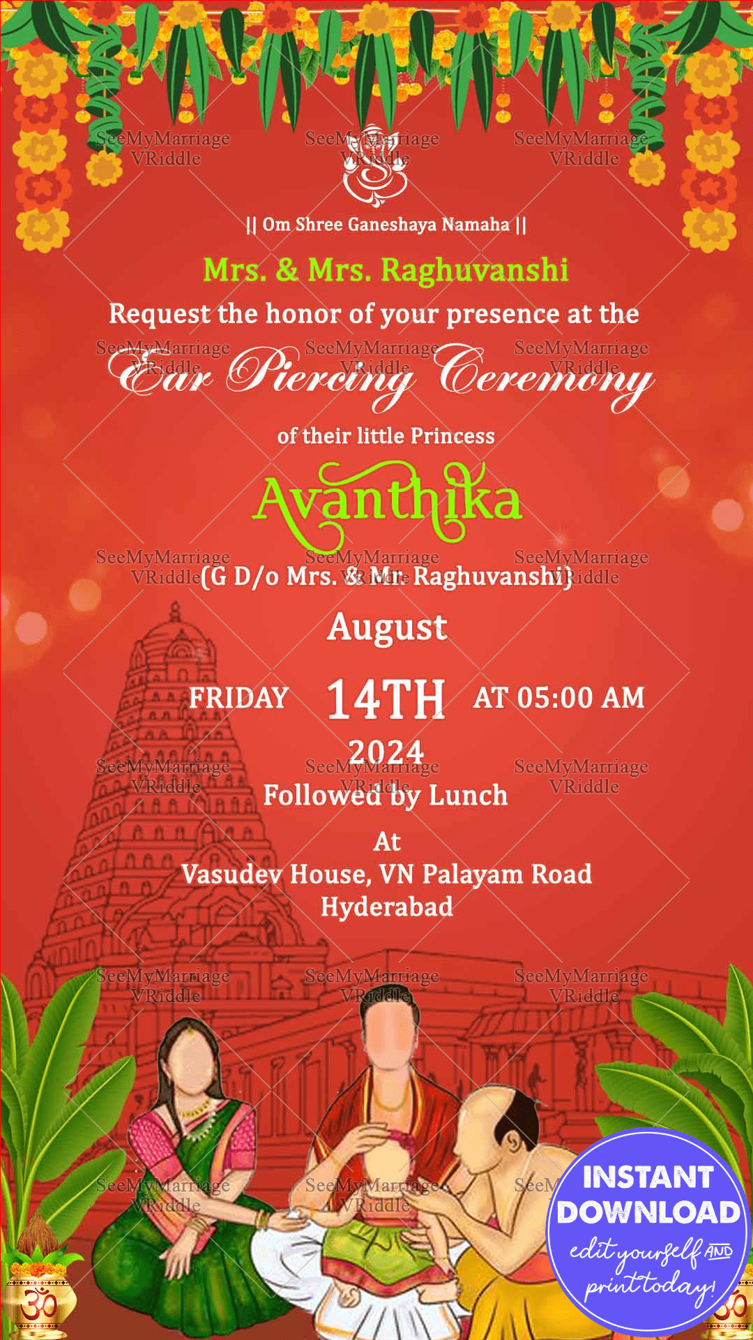 Red Temple Art Ear Piercing Ceremony Invitation Card Family Illustrated Ritual