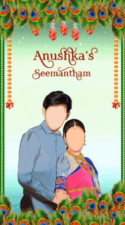 Seemantham Baby Shower Invitation Video Peacock feathers Couple Illustration