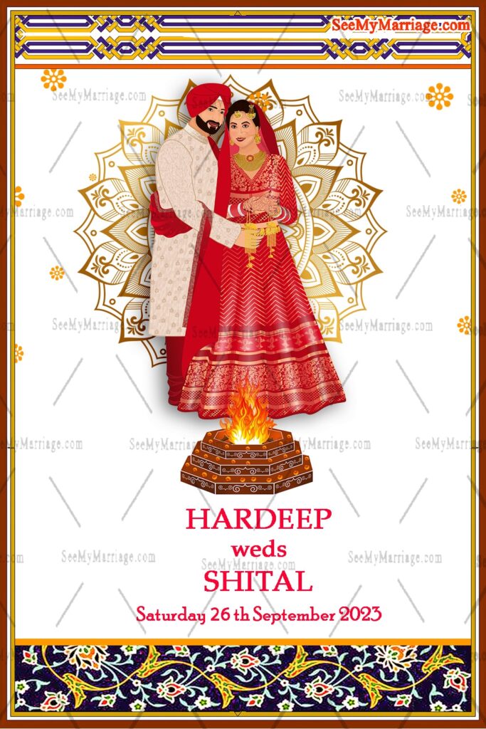 Sikh Wedding Invitation Card Multi leaf Punjabi Anand Karaj Couple Illustration