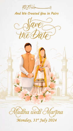 Sweet Modern Islamic Wedding Invitation Video Couple Cartoon Illustrated Mosque