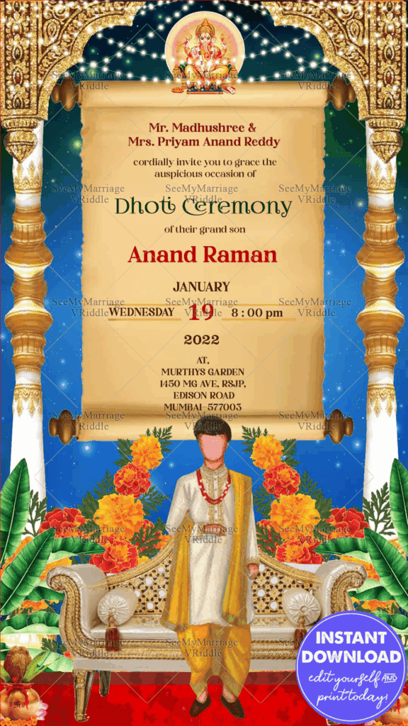 Traditional Boy Dhoti Ceremony Invitation Card Grand White Gold Pillar Decor