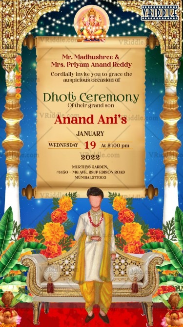 Traditional Boy Dhoti Ceremony Invitation Card Grand White Gold Pillar Decor
