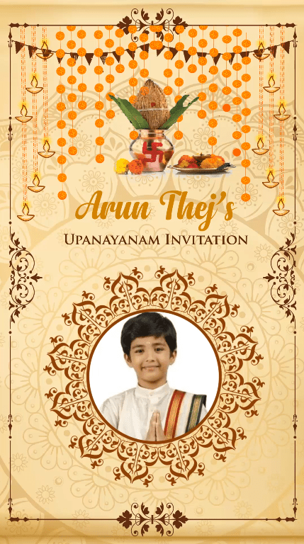 Traditional Cream Theme Upanayanam Invitation Video Pious Havan Add Photo