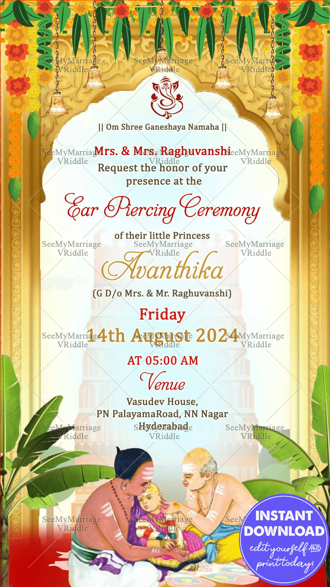 Traditional Temple Theme Ear Piercing Ceremony Invitation Card Illustrated Ritual