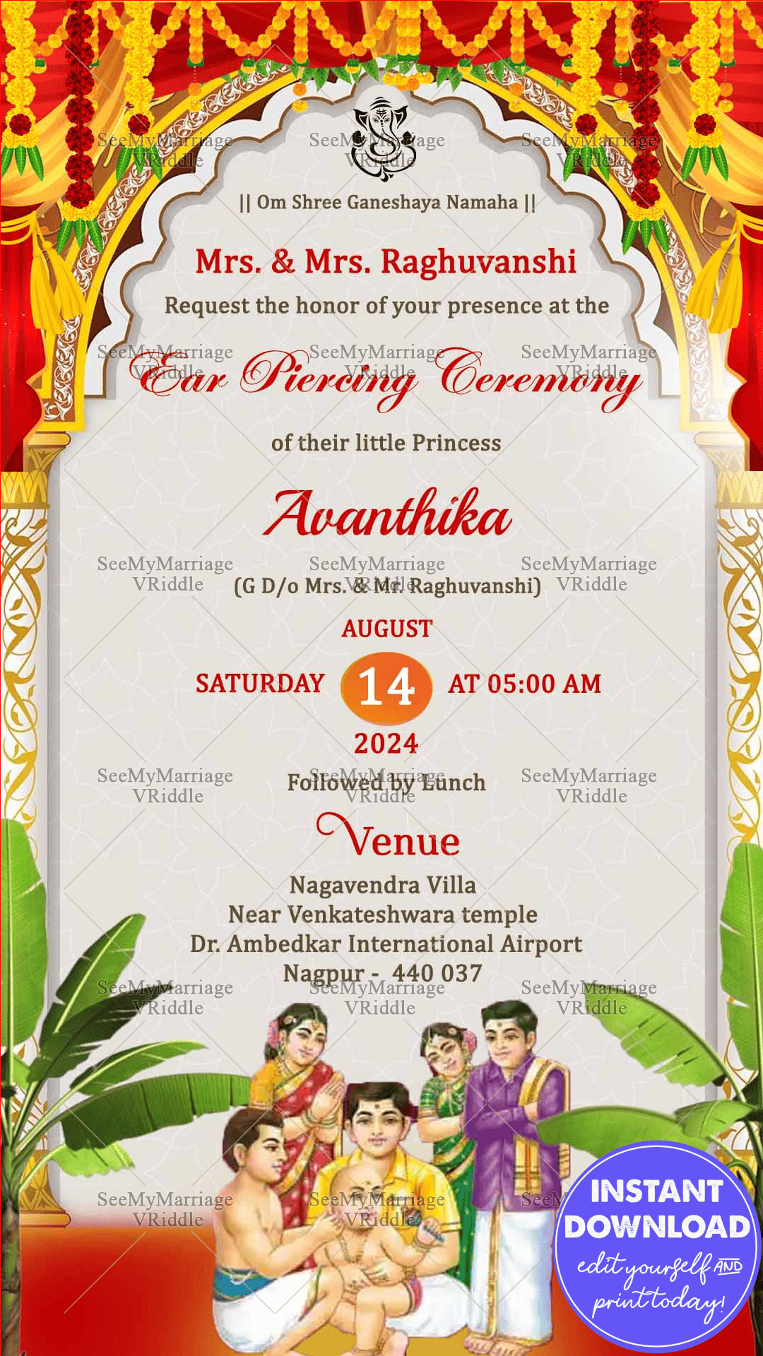 White Gold Traditional Ear Piercing Ceremony Invitation Card Family Illustration