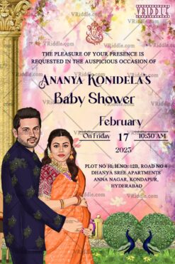 Pink Traditional Baby Shower Invitation with Couple Caricature
