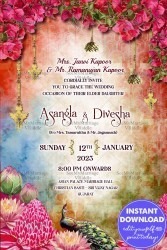 Lotus theme Gujarati Wedding Card with Peacocks