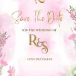Hanging Florals Save the Date - Pink theme with Couple Caricature
