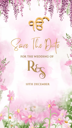 Hanging Florals Save the Date - Pink theme with Couple Caricature
