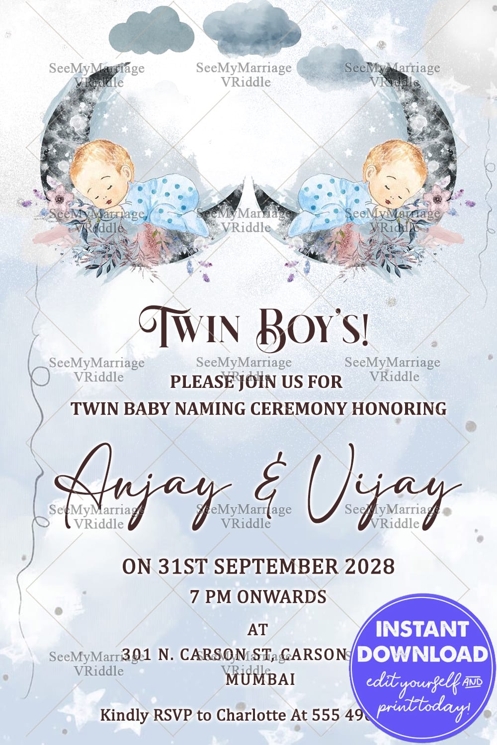 Twin Boys Naming Ceremony Invitation Card
