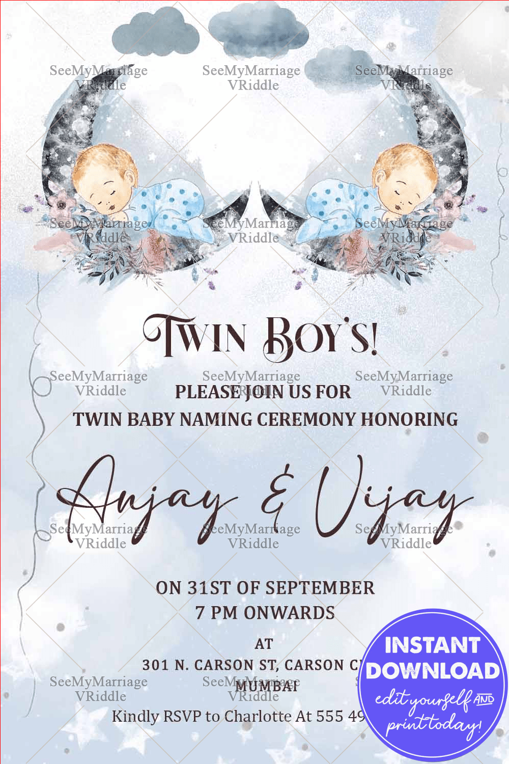 Twin Boys Naming Ceremony Invitation Card