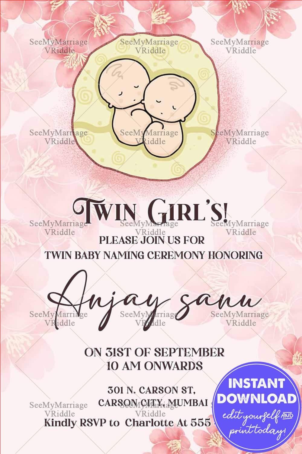Twin Girls Naming Ceremony Invitation Card Pink florals