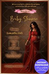 Elegant baby shower invitation with a pregnant woman in a red sari