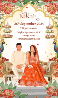 Radiant Nikah Invitation with Couple Caricatures - White and Orange theme