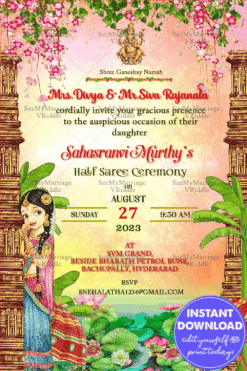 Cute Girl Pink Half Saree Invitation Watercolour Theme