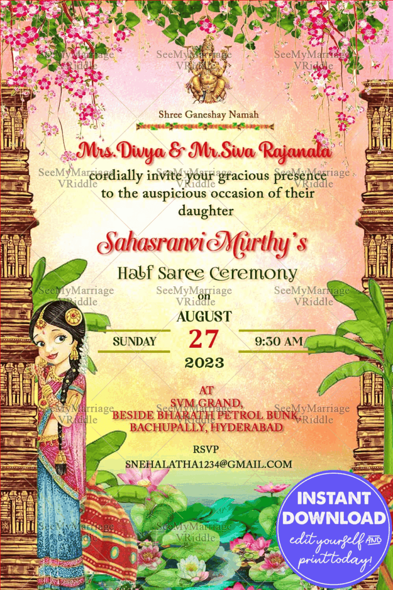 Cute Girl Pink Half Saree Invitation Watercolour Theme