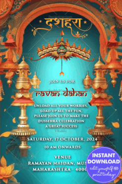 Victory of good over evil Dussara Blue Gold Invitation
