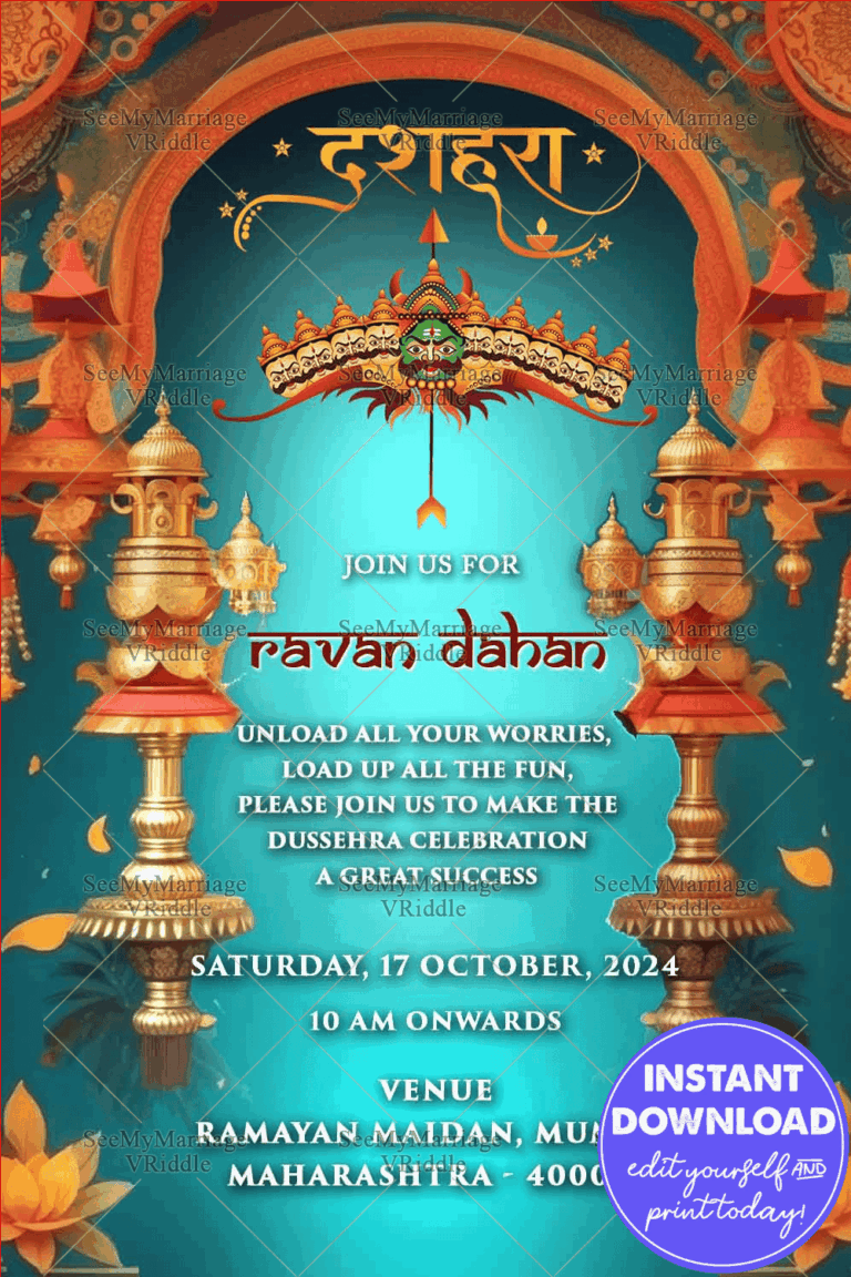 Victory of good over evil Dussara Blue Gold Invitation