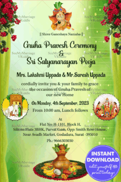 Green Ganesha Housewarming and Satyanarayana Pooja Invitation