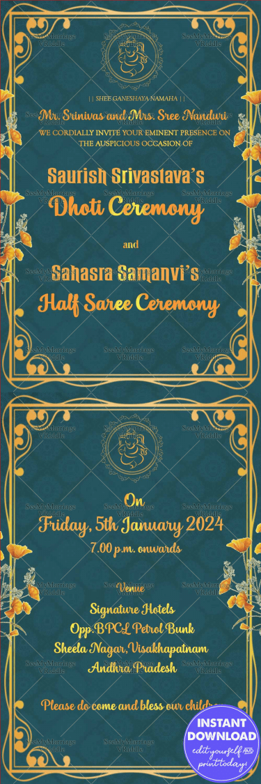 Half-Saree-Dhoti-Ceremony-Invitation-Blue-Gold-theme
