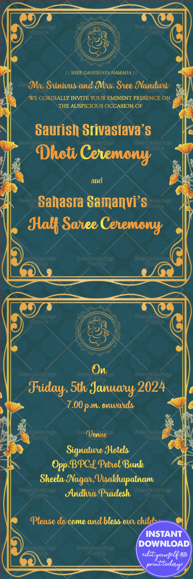 Blue and Gold theme Dhoti and Half Saree Invitation