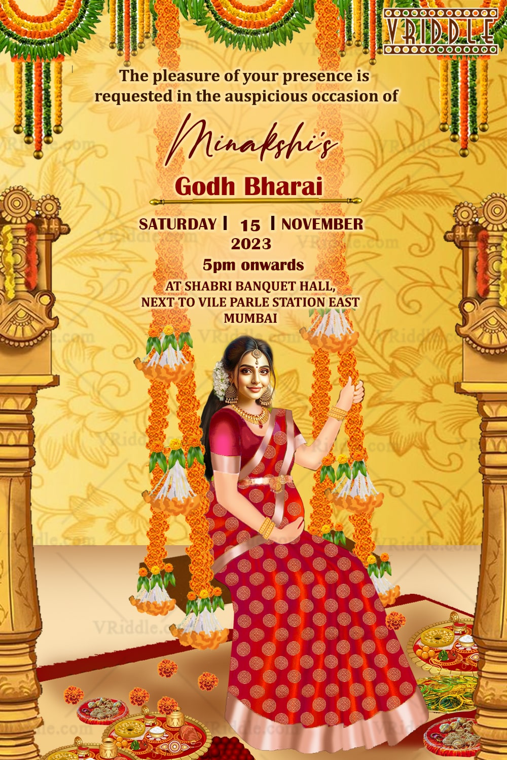Mom On Swing Traditional Caricature Rose Theme Godh Bharai Invitation