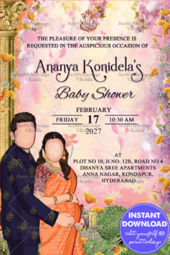 Traditional Couple Baby Shower Invitation with Parents to be Caricatures and Florals