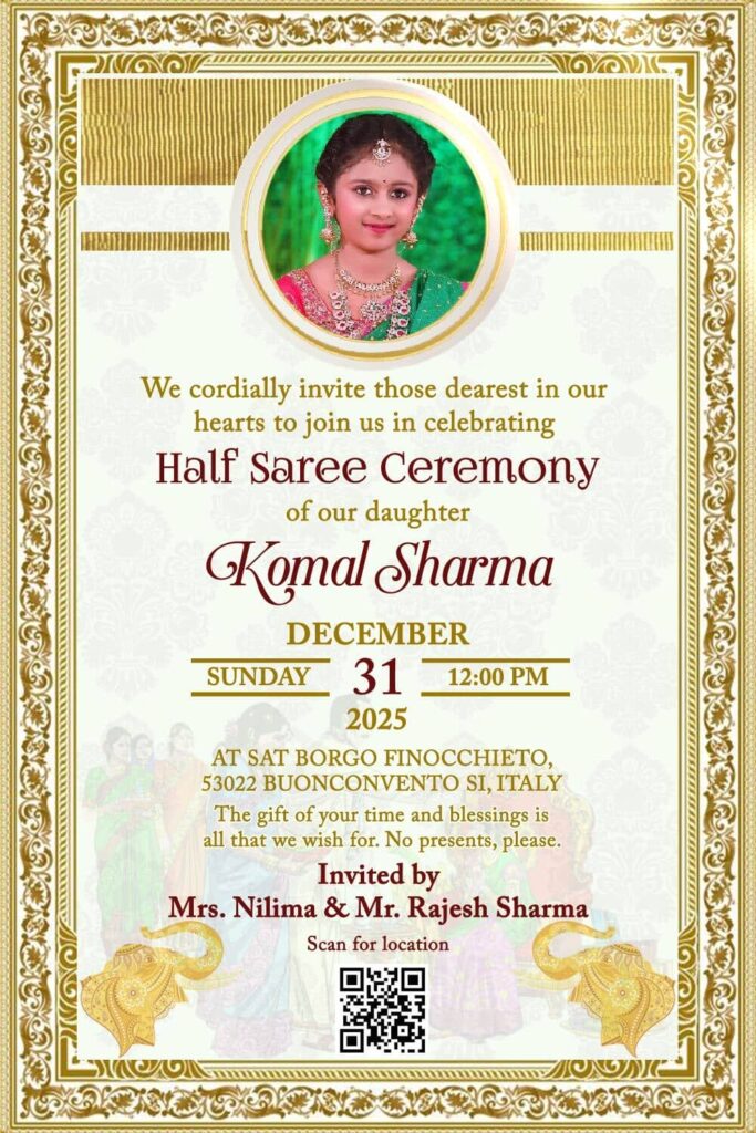 Elegant Gold and white Half Saree Invitation with Add photo option
