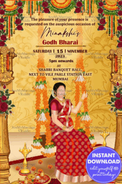 Mom On Swing Traditional Caricature Rose Theme Godh Bharai Invitation