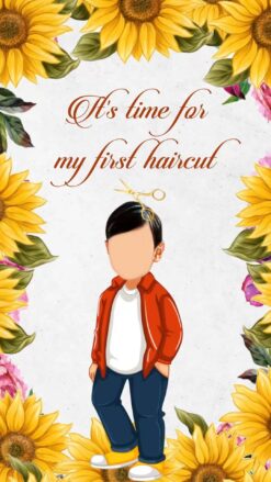Sunflower Yellow theme Mundan Ceremony Invitation with caricatures of child and parents