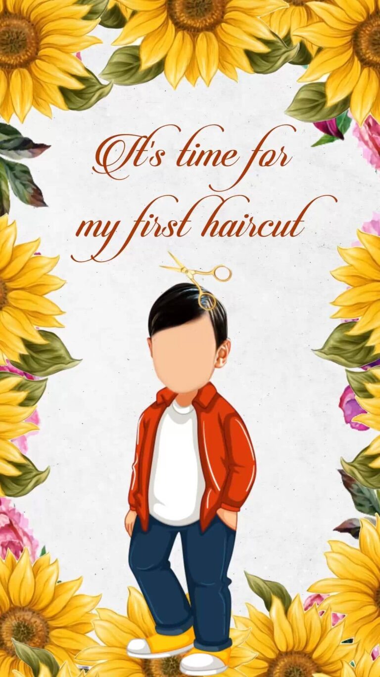 Sunflower Yellow theme Mundan Ceremony Invitation with caricatures of child and parents