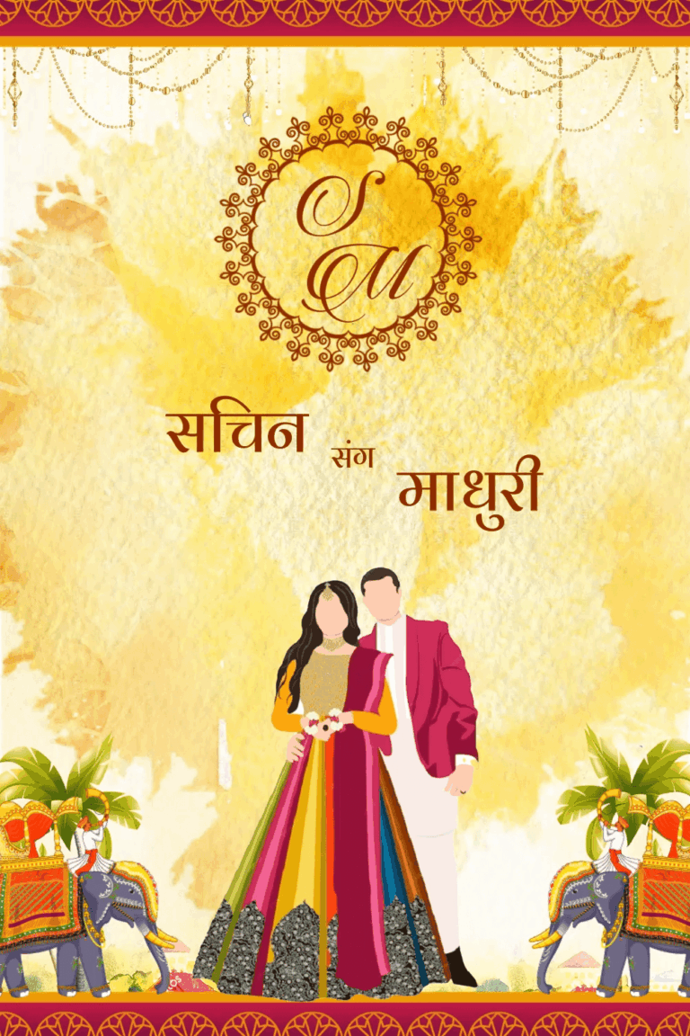 Traditional Rajasthani Royal Wedding Invitation in Hindi - Gold and Red theme with couple caricatures