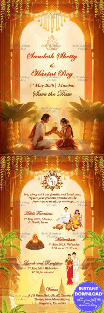 Traditional South Indian Wedding Invitation - Haldi, Wedding and Reception events