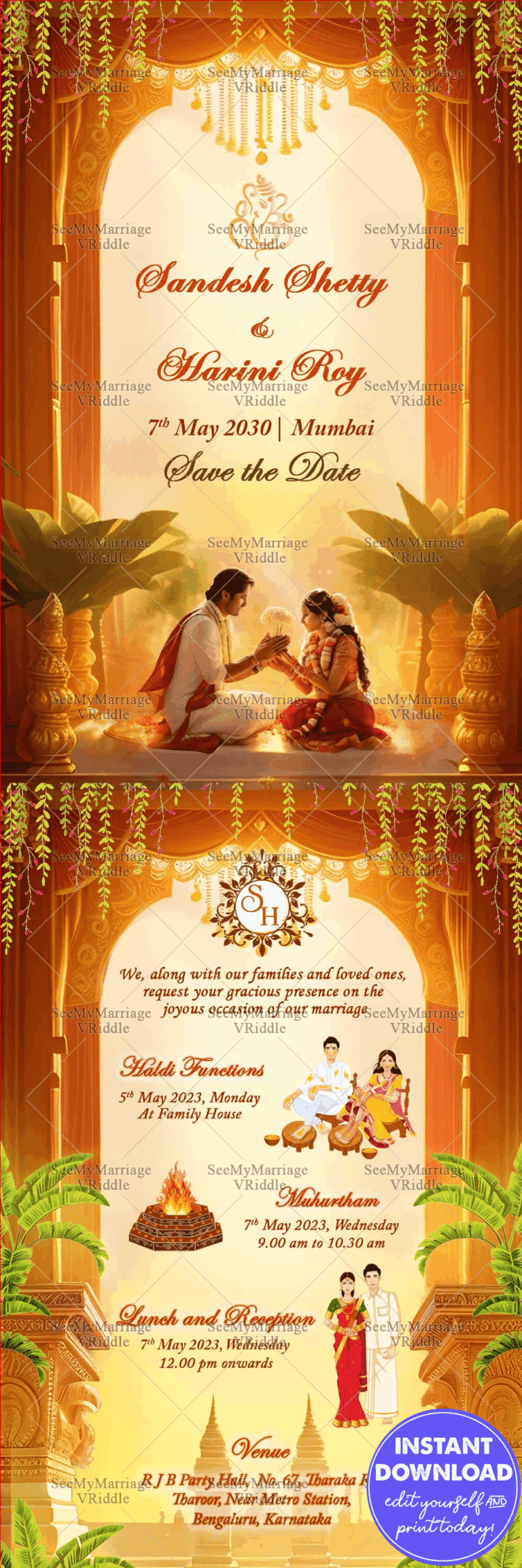 Traditional South Indian Wedding Invitation - Haldi, Wedding and Reception events