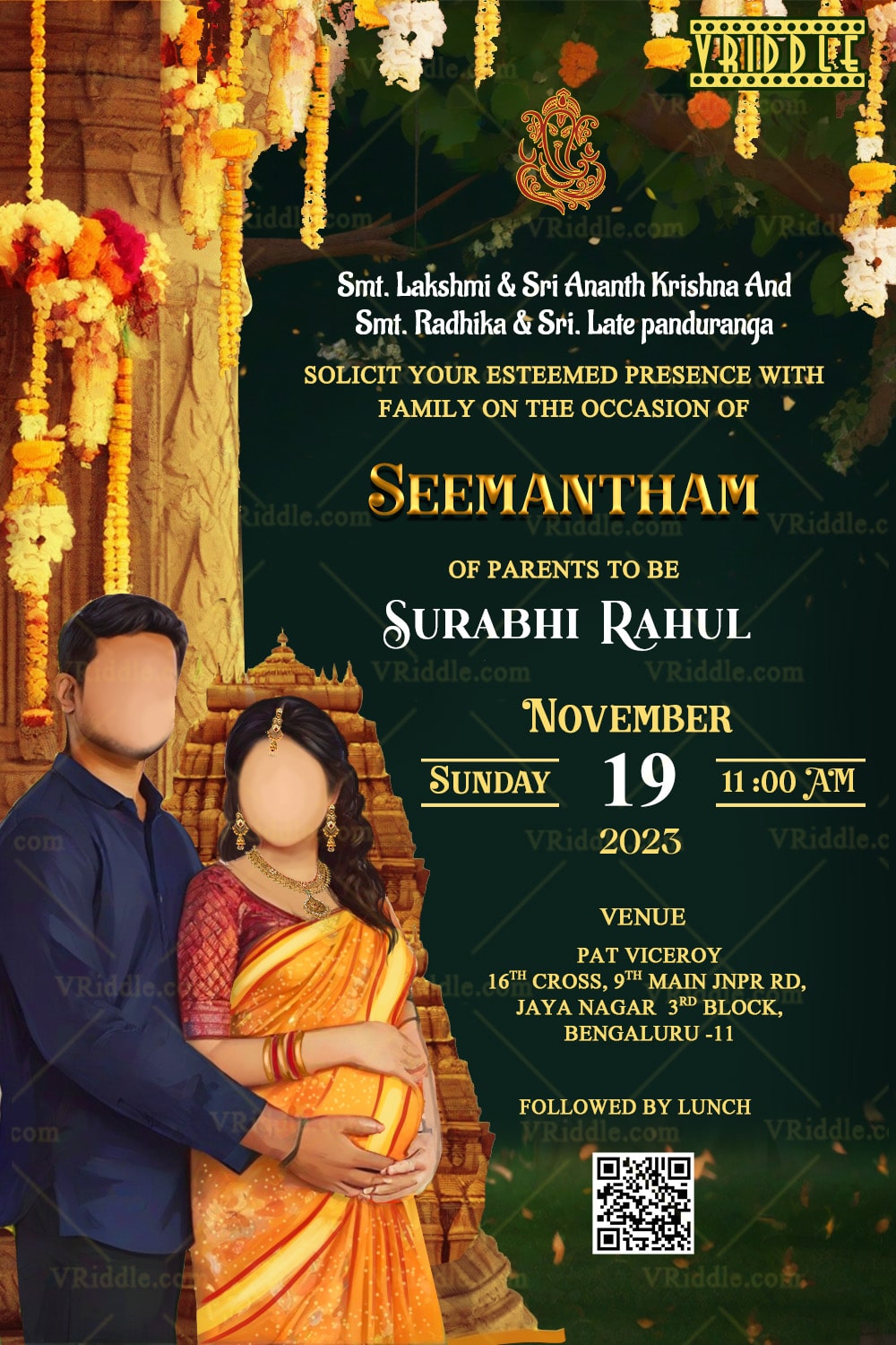 Traditional Couple Baby Shower Invitation with Parents to be Caricatures in Orange Color Theme