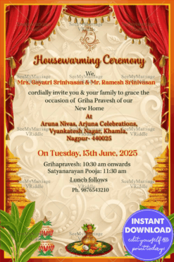 Golden Kalamkari  Hearth and Red Housewarming Party Invitation with Grihapravesh and Satyanarayan pujan events