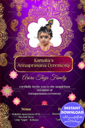 Royal Purple Theme Theme Annaprashan Invitation Golden Bells Mandala Art
