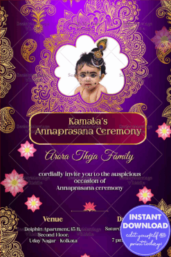 Royal Purple Theme Annaprashan Invitation Golden Bells Mandala Art
