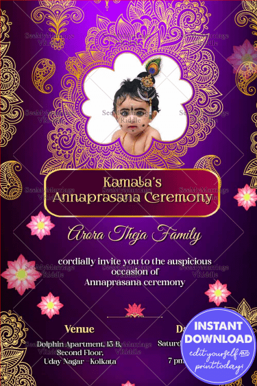 Royal Purple Theme Theme Annaprashan Invitation Golden Bells Mandala Art