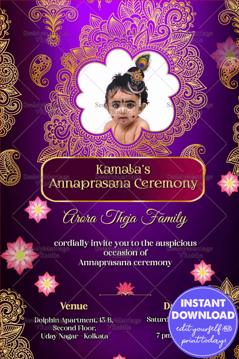 Royal Purple Theme Annaprashan Invitation Golden Bells Mandala Art