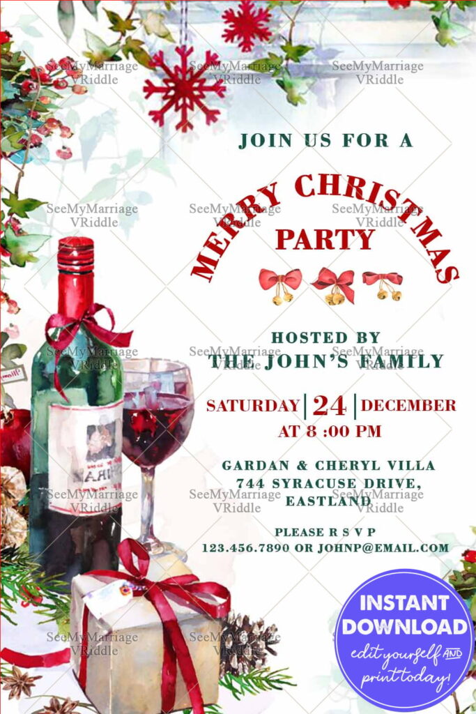 Wine, Gifts And Holly Delight: A Merry Christmas Party Invitation