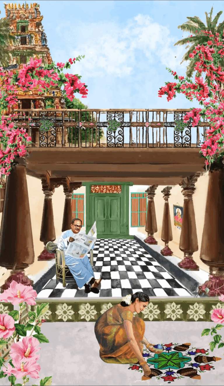 Traditional Shashtipoorti Invitation with Couple caricatures and rangoli