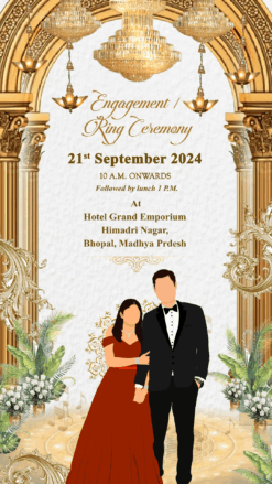 Elegant Engagement Invitation with majestic chandeliers, florals and peacocks
