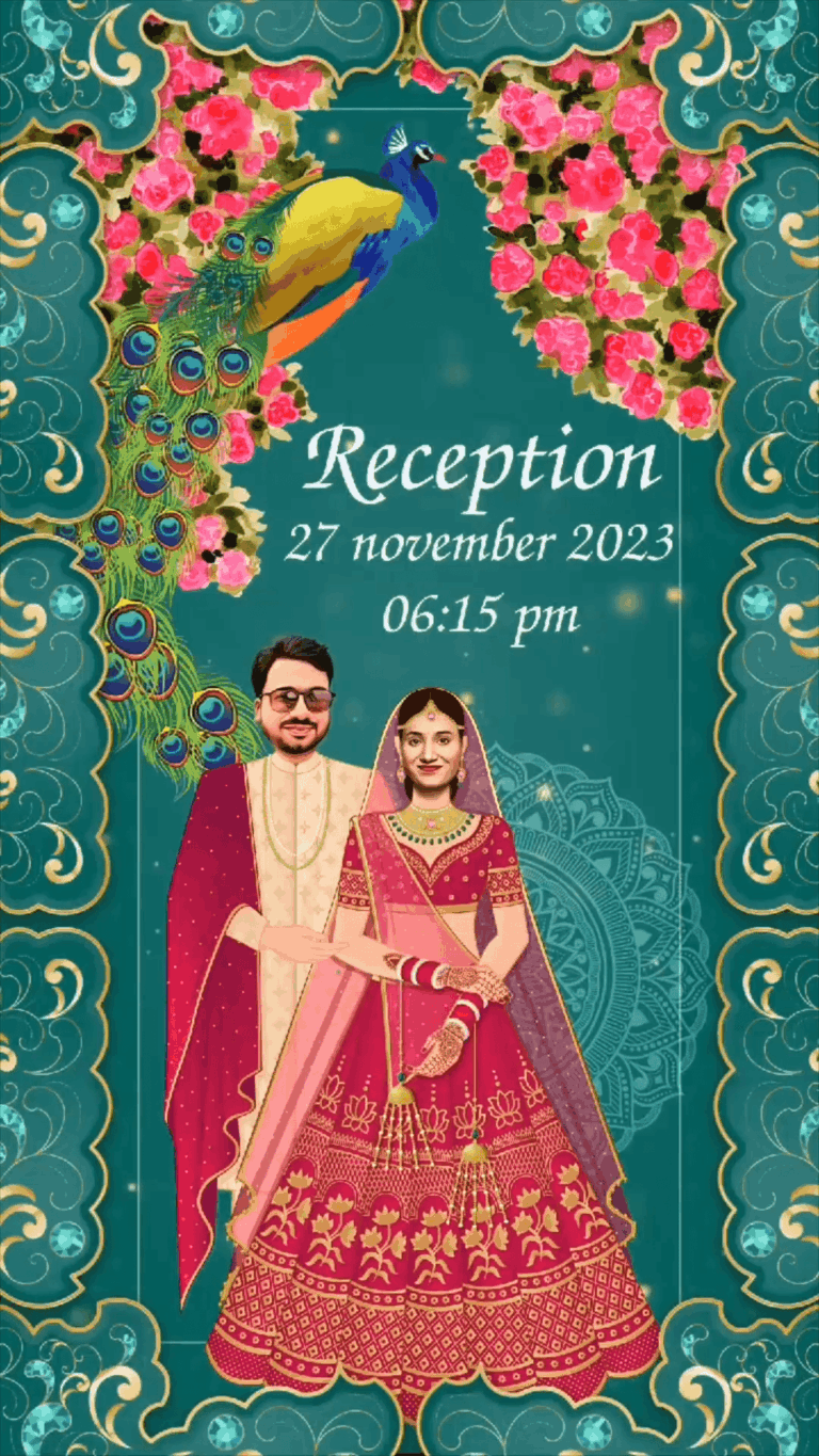 Peacock Elegance - Marwari wedding invitation with Baan, Bandhori, Mehendi, Sangeet, Haldi, Tilak, Ring Ceremony, Baraat, Reception event slides